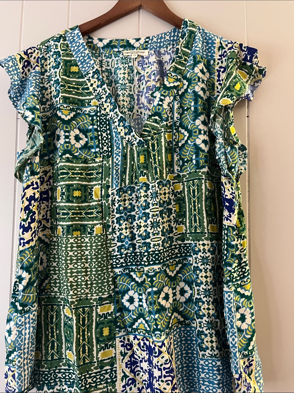 Christian Siriano Green and Blue Patchwork V-Neck Ruffle Sleeve Top